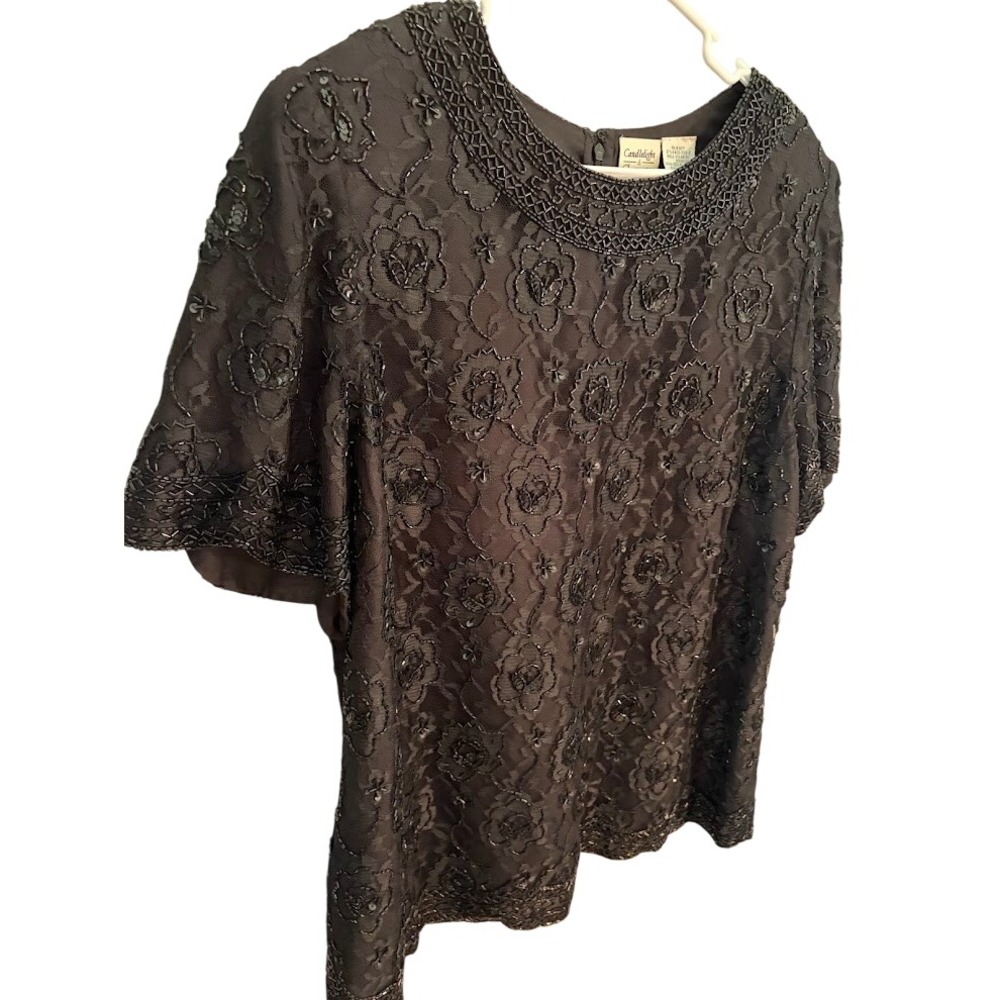 Candlelight & Champagne Black Beaded Floral Lace Blouse Top 22WP 03-5380-5